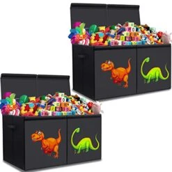 ANNKIE 2PCS Toy Box,Toy Box For Boys,Toy Chest For Kids,Collapsible Sturdy Toy Storage With Lid & Handles,Toy Organizers And Storage For Nursery,Playroom(Dinosaur) 26.8" X 13.8" X 16"