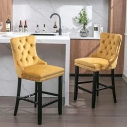 LZ LEISURE ZONE Counter Height Bar Stools Set Of 2, Velvet Upholstered Dining Chairs With Wooden Legs, Nailhead Trim, Button Tufted Decor And Back Ring Pull, Beige, Seat Height 27.2" -Safavieh Furniture 51vPPAwVL. AC