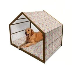 Ambesonne Colorful Wooden Dog House, Summer Nature Pattern With Doodle Of Bugs Beetles Dots Flowers And Sun, Indoor & Outdoor Portable Dog Kennel With Pillow And Cover, X-Large, Multicolor