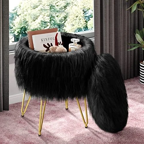 GREENSTELL Vanity Stool Chair Faux Fur With Storage, 15.75”W X 19.29’’H Round Soft Ottoman With 4 Metal Legs, Furry Padded Seat, Modern Multifunctional Makeup Stool For Bedroom Living Room, White 6 GREENSTELL Vanity Stool Chair Faux Fur With Storage, 15.75”W X 19.29’’H Round Soft Ottoman With 4 Metal Legs, Furry Padded Seat, Modern Multifunctional Makeup Stool For Bedroom Living Room, White - Image 6