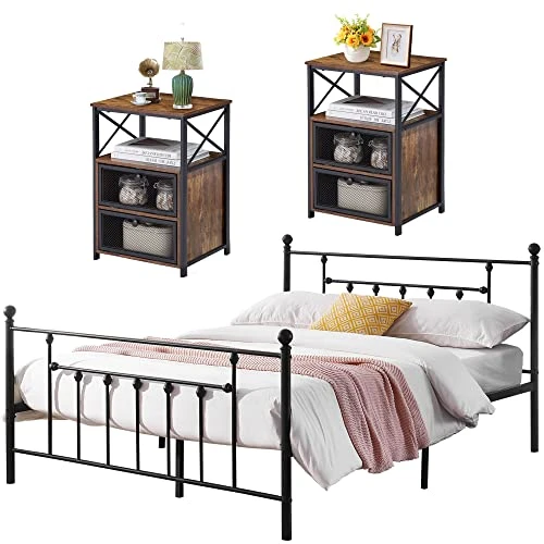 Queen Size Metal Bed Frame And Versatile Nightstands Set Of 2, Heavy-Duty Platform With Headboard,Night Stands Side End Tables With Storage Drawers For Bedroom, Living Room, Easy Assemble, Black+Brown 1 Queen Size Metal Bed Frame And Versatile Nightstands Set Of 2, Heavy-Duty Platform With Headboard,Night Stands Side End Tables With Storage Drawers For Bedroom, Living Room, Easy Assemble, Black+Brown