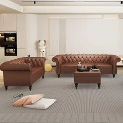 MIYZEAL 2 Pieces Living Room Sectional Sofa Set, Modern Velvet Button Tufted Chesterfield Sofa With Rolled Arm, Classic Upholstered Low Back Loveseat 3 Seater Couch For Living Room (Gray) -Safavieh Furniture 51vnNe2aLL. AC