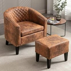 SSLine Modern White Leather Upholstered Accent Arm Chair Soft Barrel Club Chairs For Living Room Comfy Single Sofa Office Guest Chatting Chair With Solid Wood Legs And Nailhead For Bedroom (White) -Safavieh Furniture 51voHkX1qL. AC