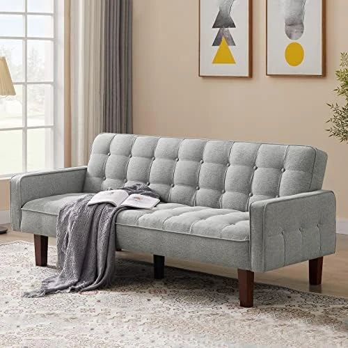 Betoko Linen Futon Sofa Couch 73.6" Fabric Upholstered Convertible Sofa Bed Minimalist Button Tufted Small 3 Seater Sleeper Futon Couch Set For Living Room Bedroom (Beige) 9 Betoko Linen Futon Sofa Couch 73.6" Fabric Upholstered Convertible Sofa Bed Minimalist Button Tufted Small 3 Seater Sleeper Futon Couch Set For Living Room Bedroom (Beige) - Image 9