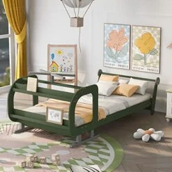 Twin Bed Frame Wood Airplane Design Platform Beds With Storage Shelves And Rotatable Propeller, Fun Kids Bed With Headboard And Footboard For Boys Girls, Twin Size, Green