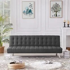 GENERIC Modern Futon Sofa Bed Couch Upholstered Convertible Folding Recliner Chair For Living Room(Dark Grey) Grey Contemporary Solid Fabric Manual Recline