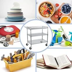 WDT Heavy Duty 3 Tier Rolling Utility Cart, Kitchen Cart On Wheels Metal Serving Cart Commercial Grade With Wire Shelving Liners And Handle Bar For Kitchen Office Hardware -Safavieh Furniture 51wL1w1vPVL