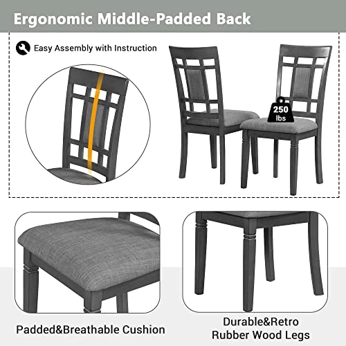Merax 7-Piece Farmhouse Rustic Wooden Dining Set, Rectangular Table With 6 Padded Chairs, Gray 4 Merax 7-Piece Farmhouse Rustic Wooden Dining Set, Rectangular Table With 6 Padded Chairs, Gray - Image 4