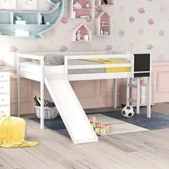 Harper & Bright Designs Kids Loft Bed With Slide, Twin Size Wooden Low Loft Bed Frame With Two Storage Boxes For Boys & Girls, Natrual -Safavieh Furniture 51wnPPYkXwL. AC
