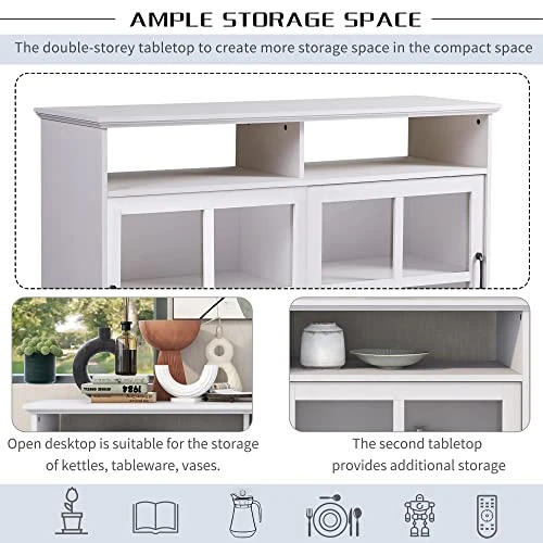 LUMISOL Kitchen Buffet Sideboard With 2 Glass Sliding Doors And Adjustable Shelves, Console Table Storage Cabinet For Dining Room Living Room, Antique White 3 LUMISOL Kitchen Buffet Sideboard With 2 Glass Sliding Doors And Adjustable Shelves, Console Table Storage Cabinet For Dining Room Living Room, Antique White - Image 3