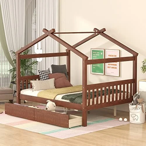 Full Size House Bed With 2 Storage Drawers Wooden Kids Montessori House Bed Frame Wood Playhouse Tent Bed For Girls Boys Teens, Natural 5 Full Size House Bed With 2 Storage Drawers Wooden Kids Montessori House Bed Frame Wood Playhouse Tent Bed For Girls Boys Teens, Natural - Image 5