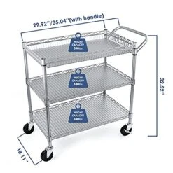 WDT Heavy Duty 3 Tier Rolling Utility Cart, Kitchen Cart On Wheels Metal Serving Cart Commercial Grade With Wire Shelving Liners And Handle Bar For Kitchen Office Hardware -Safavieh Furniture 51x8xIvOyvL