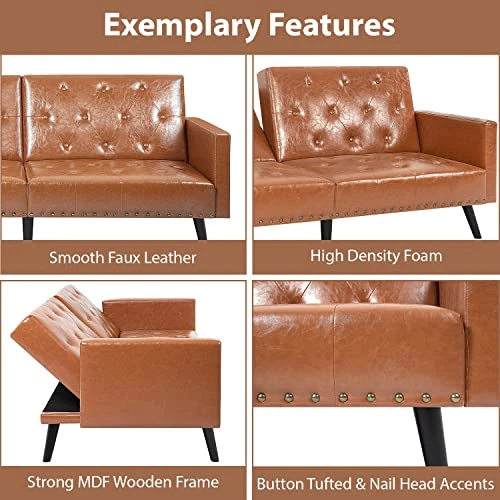 Naomi Home Jolene Tufted Split Back Futon, Mid Century Convertible Sofa Bed For Small Rooms, Faux Leather Couch, Perfect For Your Modern Living Room- Caramel, Faux Leather 6 Naomi Home Jolene Tufted Split Back Futon, Mid Century Convertible Sofa Bed For Small Rooms, Faux Leather Couch, Perfect For Your Modern Living Room- Caramel, Faux Leather - Image 6