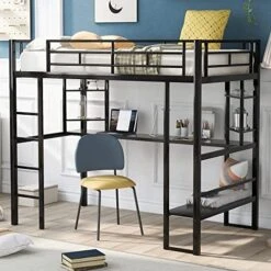 CITYLIGHT Metal Twin Loft Bed With Desk, Loft Bed Twin With Ladder And Full-Length Guardrails, X-Shaped Frame, Loft Bed With Workstation Desk For Kids,Teens, Black -Safavieh Furniture 51xGh4ES8cL. AC