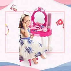 Vanity Set For Little Girls, Kids Vanity Table And Chair Set Princess Makeup Dressing Table With Drawer Folding With Mirror And Stool Beauty Makeup Vanity Kitchen Set For Toddlers, Pink -Safavieh Furniture 51xM0pYolSL