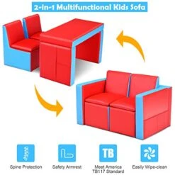 Costzon Kids Sofa, 2 In 1 Double Sofa Convert To Table And Two Chairs, Toddler Lounge With Wooden Frame And PVC Surface, Children Boys Girls Couch Armrest Chair Double Seats With Storage Space (Red) -Safavieh Furniture 51xUc0QRM4L