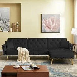 NOSGA Sectional Sleeper Sofa Couch Bed, Velvet L-Shaped Convertible Tufted Couch With Chaise Lounge, Rolled Arm Upholstered Nailhead Chesterfield Sofa With Movable Ottoman For Living Room(Grey) -Safavieh Furniture 51xWGO87akL. AC