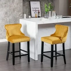 LZ LEISURE ZONE Counter Height Bar Stools Set Of 2, Velvet Upholstered Dining Chairs With Wooden Legs, Nailhead Trim, Button Tufted Decor And Back Ring Pull, Beige, Seat Height 27.2" -Safavieh Furniture 51xXQhSfOCL. AC