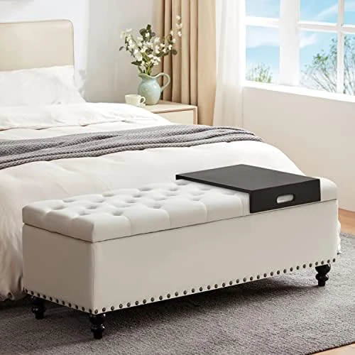 HUIMO Ottoman With Storage, 51-inch Storage Ottoman Bench With Button-Tufted, Bedroom Bench Safety Hinge Ottoman In Upholstered Fabrics, Large Storage Bench For Bedroom, Living Room (Ivory) 10 HUIMO Ottoman With Storage, 51-inch Storage Ottoman Bench With Button-Tufted, Bedroom Bench Safety Hinge Ottoman In Upholstered Fabrics, Large Storage Bench For Bedroom, Living Room (Ivory) - Image 10