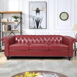 RARZOE 3 Pieces Living Room Furniture Sofa Sets,Modern Faux Leather Chesterfield Sofa&Chesterfield Club Chair&Chesterfield Loveseat Sofas Set With Nailhead Trim Scroll Arms For Living Room,Burgundy -Safavieh Furniture 51xbcz8TtJL. AC