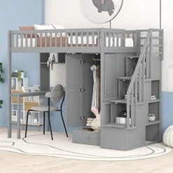 Twin Loft Bed With Stairs, Kids Low Loft Bed With Desk And Storage, Girls Boys Loft Bed Twin Size, Grey -Safavieh Furniture 51xj JH5HXL. AC