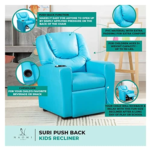 Naomi Home Kids Recliner Chair With Footrest & 2 Cup Holders, Push Back Toddler Recliner With Cup Holder, Microfiber Kids' Recliners For Age 3+, Kid Recliners For Girls Boys (Basic, Navy) 3 Naomi Home Kids Recliner Chair With Footrest & 2 Cup Holders, Push Back Toddler Recliner With Cup Holder, Microfiber Kids' Recliners For Age 3+, Kid Recliners For Girls Boys (Basic, Navy) - Image 3