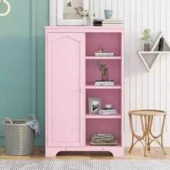 Wardrobe Closet With Hanging Rod For Bedroom, Wood Armoire Wardrobe With 4 Tier Shelves, Freestanding Wardrobe Storage Cabinet For Boys, Girls (Pink) -Safavieh Furniture 51xmjDz6FgL. AC