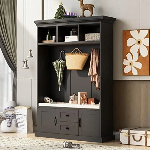 Hall Tree With Bench And Shoe Storage, 3 In 1 Entryway Bench With Coat Rack, Mudroom Bench With Storage And 4 Double Hooks, Entryway Furniture For Hallway (Black, 40" L X 18.5" W X 72" H) 6 Hall Tree With Bench And Shoe Storage, 3 In 1 Entryway Bench With Coat Rack, Mudroom Bench With Storage And 4 Double Hooks, Entryway Furniture For Hallway (Black, 40" L X 18.5" W X 72" H) - Image 6