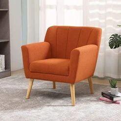 MELLCOM Mid Century Modern Accent Chair, Comfy Linen Fabric Club Chair With Solid Wood Legs Tufted Back, Upholstered Armchair Chairs For Living Room, Reading Room, Bedroom, Orange/Blue -Safavieh Furniture 51xsc3HKJwL