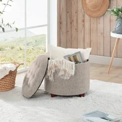 Ornavo Home Donovan Tufted Round Storage Ottoman With Removable Lid For Living Room And Bedroom - Beige Linen -Safavieh Furniture 51xvzAbBvHL