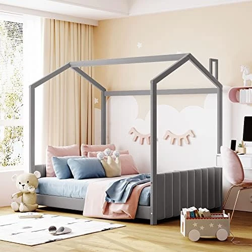 DEINPPA Twin Size Velvet Fabric Upholstered Tufted Headboard And Footboard, Kids House Bed Frame With Roof Design, For Kids Boys Girls-Gray 15 DEINPPA Twin Size Velvet Fabric Upholstered Tufted Headboard And Footboard, Kids House Bed Frame With Roof Design, For Kids Boys Girls-Gray - Image 15