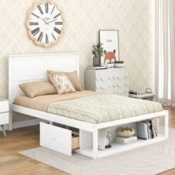 Twin Bed Frame With A Nightstand Wood Platform Bed With Headboard For Boys, Girls, Kids, Teens, No Box Spring Needed, White -Safavieh Furniture 51xzgUgXvL. AC