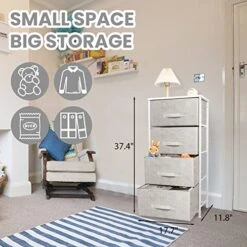 CONNOO 4 Drawer Fabric Dresser Storage Tower, Dresser Chest For Bedroom, Organizer Unit For Closets Bedroom Nursery Room Hallway, Wood Top, Gray White -Safavieh Furniture 51y6P65Bj2L