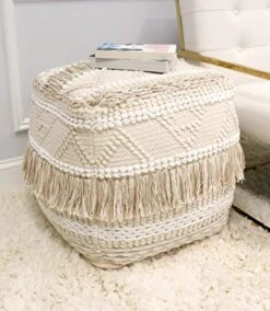 Pasargad Home Grandcanyon Cotton Pattern Braided Pouf, 100% Cotton Pouf, Hand Woven- Polly Beads Stuffed Pouf- Sitting, Foot Stool- Square Poufs For Living Room- Luxury Room Decor, 17"x17"x17", Beige