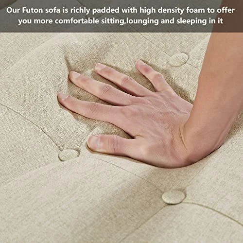 Betoko Linen Futon Sofa Couch 73.6" Fabric Upholstered Convertible Sofa Bed Minimalist Button Tufted Small 3 Seater Sleeper Futon Couch Set For Living Room Bedroom (Beige) 4 Betoko Linen Futon Sofa Couch 73.6" Fabric Upholstered Convertible Sofa Bed Minimalist Button Tufted Small 3 Seater Sleeper Futon Couch Set For Living Room Bedroom (Beige) - Image 4