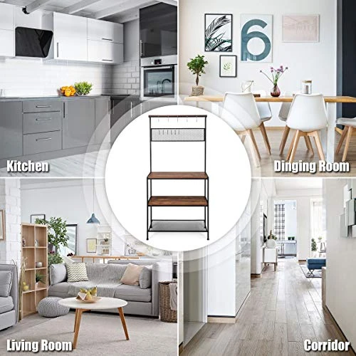 RELAX4LIFE Baker’s Rack Microwave Stand With 11 Hooks,Metal Rack And Adjustable Feet For Spices, Pots, And Pans Utility Storage Shelf Kitchen Organizer Workstation (Brown) 2 RELAX4LIFE Baker’s Rack Microwave Stand With 11 Hooks,Metal Rack And Adjustable Feet For Spices, Pots, And Pans Utility Storage Shelf Kitchen Organizer Workstation (Brown) - Image 2