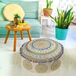 Mandala Life ART Blue Pouf Ottoman Cover -24x8 Inches - Moroccan Décor Pouffe Footstool For Kids Room Living Bedroom Bohemian Furniture