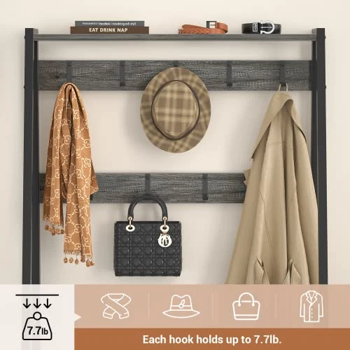 Unikito Coat Rack, 3-in-1 Hall Tree With Storage Shoe Rack, Freestanding Entryway Bench With Shelves, Industrial Entry Coat Stand With Metal Frame For Entrance, Foyer, Bedroom, Easy Assemble, Gray 2 Unikito Coat Rack, 3-in-1 Hall Tree With Storage Shoe Rack, Freestanding Entryway Bench With Shelves, Industrial Entry Coat Stand With Metal Frame For Entrance, Foyer, Bedroom, Easy Assemble, Gray - Image 2