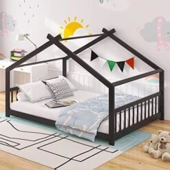 Twin House Bed, Floor Bed, Tent Bed, Wood Bed Frame With Roof For Toddlers Kids Boys Girls Teens, Box Spring Needed, Espresso -Safavieh Furniture 51yarESHYL. AC