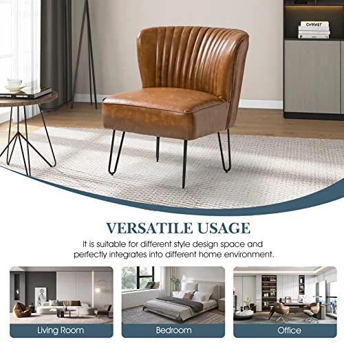 HULALA HOME Faux Leather Accent Chairs Set Of 2 With Metal Base, Mid Century Modern Living Room Chairs, Comfy Upholstered Armless Side Chairs For Bedroom, Camel 6 HULALA HOME Faux Leather Accent Chairs Set Of 2 With Metal Base, Mid Century Modern Living Room Chairs, Comfy Upholstered Armless Side Chairs For Bedroom, Camel - Image 6
