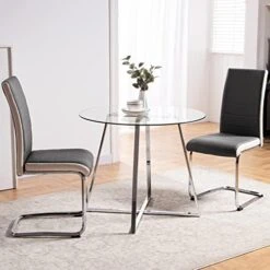 5 Pieces Dining Table And Chairs Set - Modern Round Dining Room Table With 4 Leather Chairs - Tempered Glass Table Top And Chrome Legs Kitchen Table Set For Small Space - White -Safavieh Furniture 51yf3egEycL. AC 1