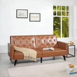 Astrid Futon Sofa Bed Faux Leather Futon Couch Modern Convertible Folding Sofa/Bed Couch With Chrome Legs Reclining Mini Coach Leather Futons Small Couch For Bedroom Living Rooms, Office - Caramel 27 Astrid Futon Sofa Bed Faux Leather Futon Couch Modern Convertible Folding Sofa/Bed Couch With Chrome Legs Reclining Mini Coach Leather Futons Small Couch For Bedroom Living Rooms, Office - Caramel -Safavieh Furniture 51ygpf41MxL. AC