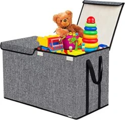 YOLOXO Large Kids Toy Box Chest Storage Organizer With Double Flip-Top Lid - Collapsible Sturdy Toy Organizers And Storage Bins With Big Handles For Nursery, Playroom, 26.8"x13.8"x16"(Grey)