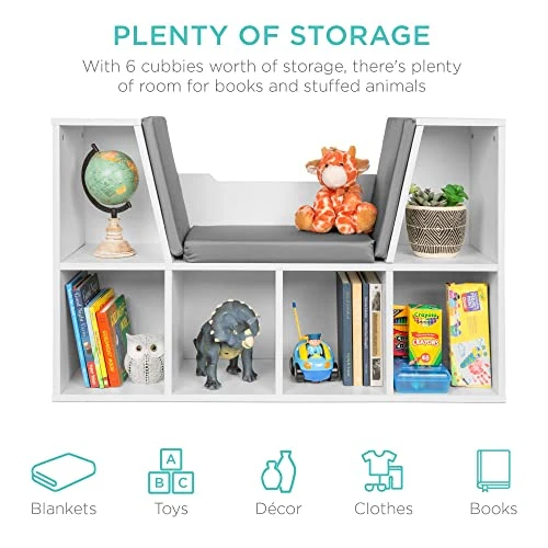 Best Choice Products 6-Cubby Kids Bedroom Storage Organizer, Multi-Purpose Bookcases, Shelf Furniture Decoration W/Cushioned Reading Nook - White 2 Best Choice Products 6-Cubby Kids Bedroom Storage Organizer, Multi-Purpose Bookcases, Shelf Furniture Decoration W/Cushioned Reading Nook - White - Image 2