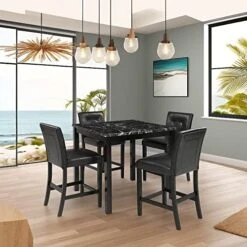 Merax 5-Piece Wooden Dining Set, Faux Marble Top Counter Height Dining Room Table And 4 PU Leather-Upholstered Dining Chairs With Footrest, Dark Brown -Safavieh Furniture 51yscfJm7cL. AC