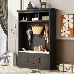 Hall Tree With Storage Bench Coat Rack With 2 Cabinet And 2 Drawers Wooden 47 Inch Mudroom Bench With Cushion And 3 Hooks For Mudrooms Organization Entryway Living Room, Tiger -Safavieh Furniture 51yzLZvCTAL. AC