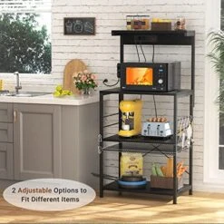 Topfurny Baker‘s Rack With Power Outlet, Microwave Stand Kitchen Storage Shelf, Kitchen Organizer Rack With 5 Hooks, Industrial Coffee Bar Table For Kitchens With Storage, Black -Safavieh Furniture 51zDCSm2tqL