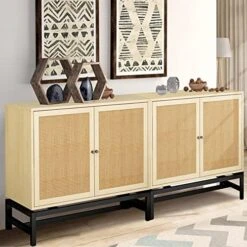 AWQM Sideboard Buffet Cabinet, Accent Storage Cabinet With 2 Rattan Doors, Farmhouse Accent Side Cabinet With Adjustable Shelves,Natural Wood Sideboard Entryway Table For Bar, Dining Room,White -Safavieh Furniture 51zP4HBkOCL. AC