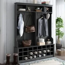 Hall Tree With Bench And Shoe Storage, Modern Hallway Coat Rack With Black Metal Hooks, Multifunctional Entryway Bench Hall Tree With Ample Storage Space For Living Room Hallway Bedroom, White -Safavieh Furniture 51zPLPu89pL. AC
