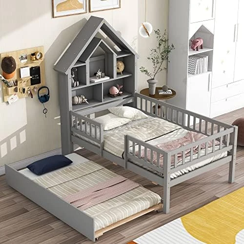MERITLINE Twin Size Platform Bed With Drawer Wood Storage Bed Frame With House-Shaped Bookcase Headboard and Fence Guardrails For Kids,Boys,Girls(White) 9 MERITLINE Twin Size Platform Bed With Drawer Wood Storage Bed Frame With House-Shaped Bookcase Headboard and Fence Guardrails For Kids,Boys,Girls(White) - Image 9